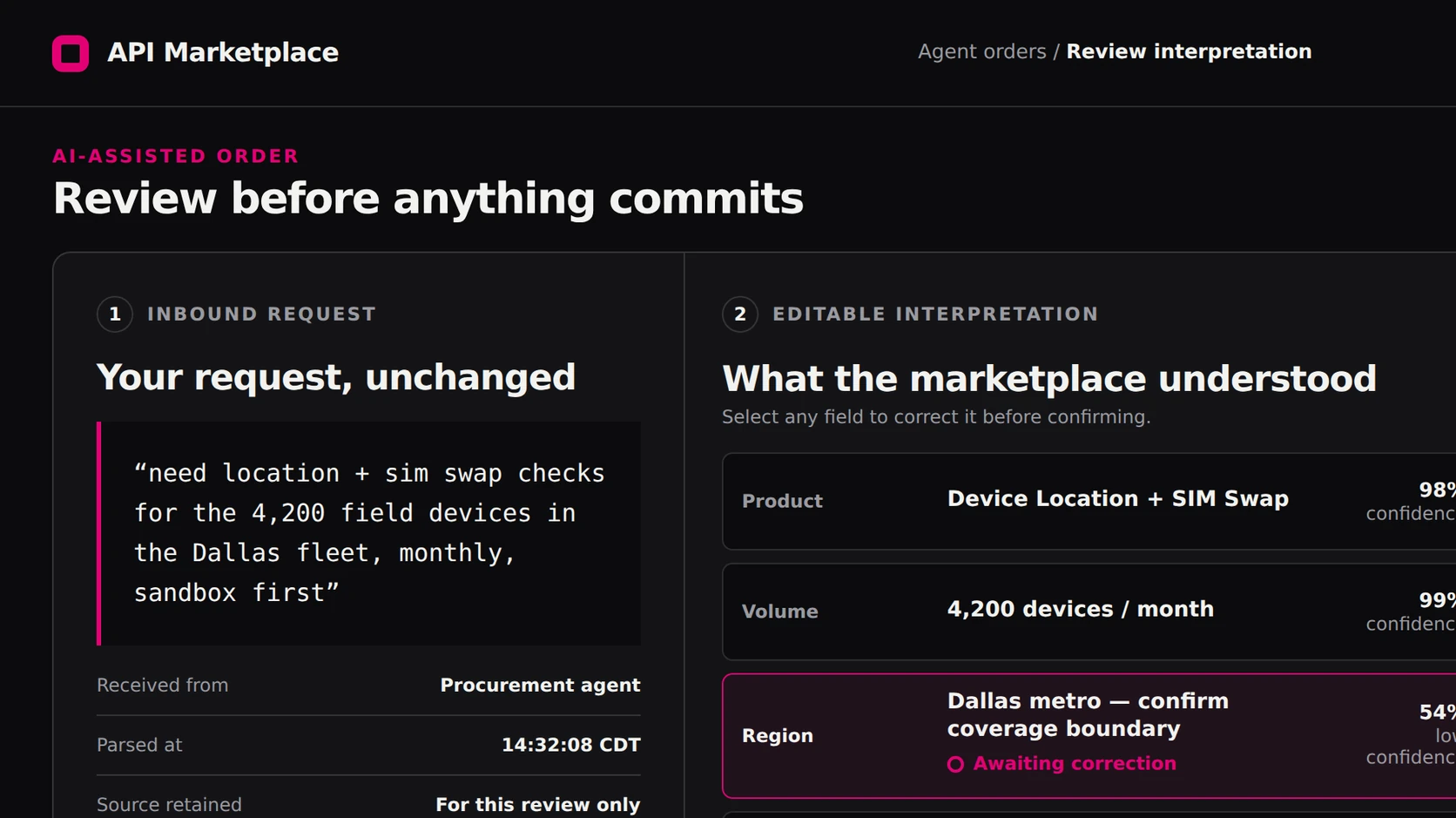 API Marketplace order screen: an AI agent request parsed into editable fields with a confirmation gate before commit.