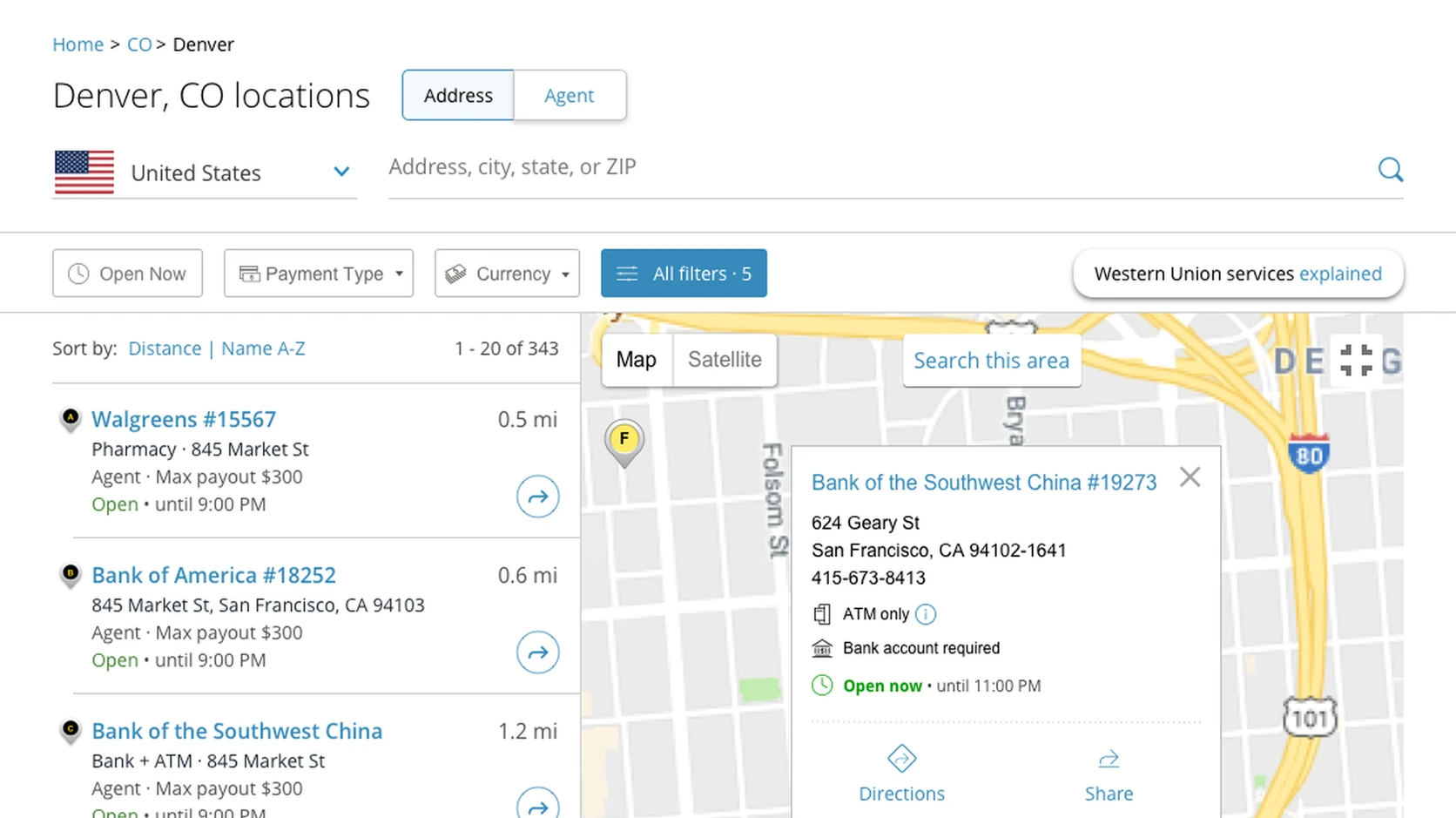 Redesigned Western Union locator, desktop list and map.